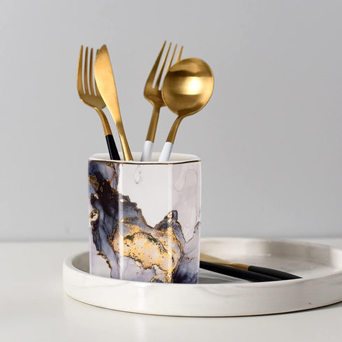 WAVEYU Ceramic Pen Holder for Desk Cute, Pencil Cup Pot Desk Organizer, Makeup Brush Holder for Women, Men, Kids, Desk Marble Decor for Office, Cl...