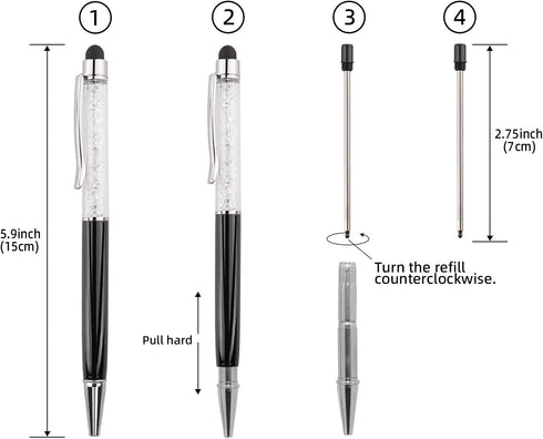 YOUMI 3 pcs 2 in 1 Bling Ballpoint Pens Crystal Diamond Pen Capacitive Touch Screen Stylus with Replacement Refills Black Blue Ink Rubber Tips for...