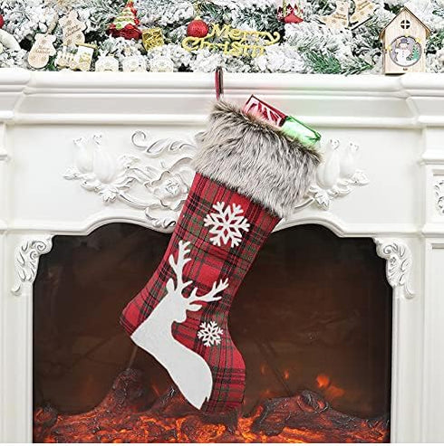 Christmas Stockings 2022, 18 Inches Burlap with Large Plaid Snowflake and Plush Faux Fur Cuff Stockings, for Home Decor (2 Pcs Plaid Snowflake)...
