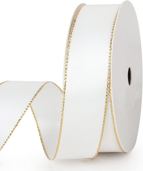 VIVIQUEN White Double Faced Satin Ribbon with Gold Edge, 1” Polyester Continuous Ribbon -25 Yards,Wide Ribbon for Gift Wrapping,Wedding,Bows Bouqu...