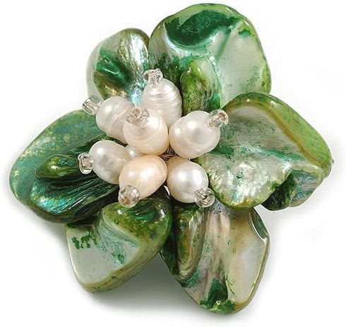 50mm/Green Shell with Freshwater Pearl Bead Asymmetric Flower Brooch/Handmade/Slight Variation In Colour/Size/Shape/Natural Irregularities...