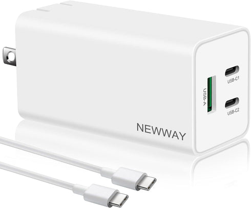 NewWay 65W 3 Port PD QC 3.0 USB-C Fast Charger (GaN Semic) Delivery Foldable, USB-C Wall Charger for USB C Laptops Smartphone Pad MacBook Compatib...