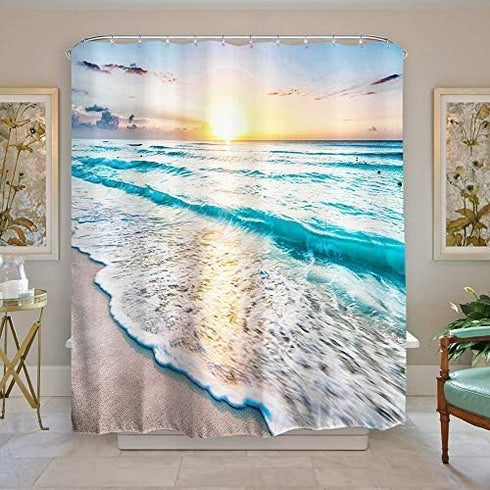 Baccessor Tropical Sea Beach Ocean Waves Shower Curtain with Hooks, Seaside Scene Island Hawaiian Sunrise Beach Theme Waterproof Fabric Shower Cur...