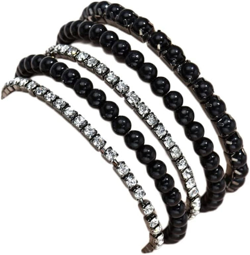COLORFUL BLING 5-6Pcs Imitation Pearl Stretch Bracelet Set for Women Gold Beaded Flat Strand Stackable Crystal Rhinestone Layered Bracelet for Wom...