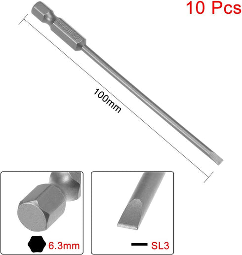 uxcell 10 Pcs 3mm Slotted Tip Magnetic Flat Head Screwdriver Bits, 1/4 Inch Hex Shank 4-inch Length S2 Power Tool...
