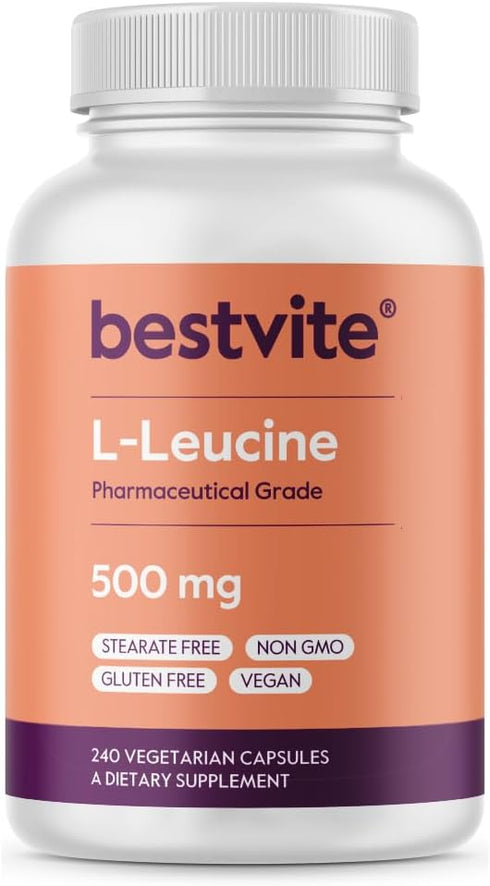 BESTVITE L-Leucine 500mg per Capsule (240 Vegetarian Capsules) - No Stearates - No Fillers - No Flow Agents - Vegan - Non GMO - Gluten Free...