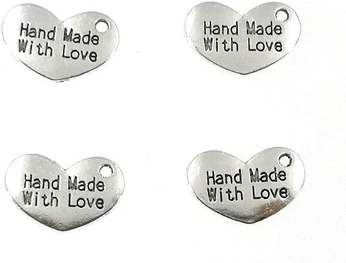 Hand Made With Love Charm,Heart-shaped Word Message Charm Pendant for DIY Jewelry Making Findings(50pcs,Antique Silver Tone)...