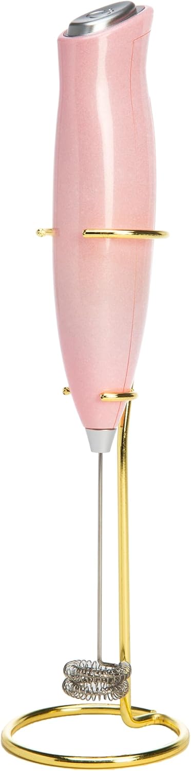 Paris Hilton Electric Handheld Milk Frother with Double Coil Head Whisk and Gold Metal Stand, Battery Powered (2 AA Batteries Required but Not Inc...