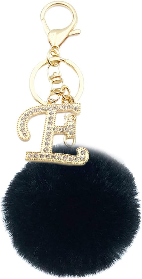 Unpafcxddyig Pom Pom Keychain Artificial Fur Ball Black Rhinestone Alphabet Letter Key Rings for Car Charm Tote Pendant...