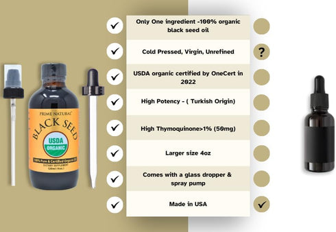 Organic Black Seed Oil 4oz - Cold Pressed Unrefined High Thymoquinone 1.7% USDA Certified - Turkish Origin Potent Nigella Sativa Liquid - Vegan Om...
