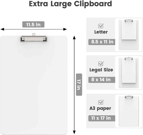 Extra Large 11x17 Clipboards, Pink Plastic Drawing Boards with Low Profile Clip Horizontal Clip Board,Vertical Layout. Clipboard for Drawing, Sket...