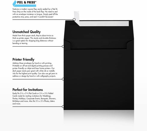 LUXPaper Square Invitation Envelopes | Peel & Press | 6" x 6" | Midnight Black | 80lb. Text | 50 Qty...