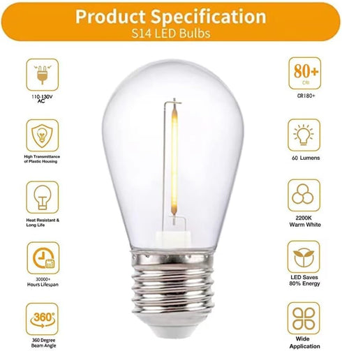 25 Pack LED 1W S14 Replacement String Light Bulbs,Plastic Shatterproof & Waterproof Edison Vintage Style Outdoor Light Bulbs,Warm White 2200K, E26...