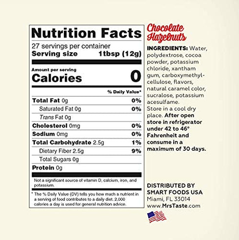 Mrs Taste Sugar Free Chocolate Hazelnut Syrup, Zero Calories, Zero Sodium, Zero Sugar, High Fiber, Keto Friendly, Paleo Friendly, Condiments and S...
