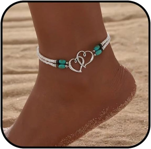 Elastic Beaded Ankle Bracelet for Women Double Layered Beaded Anklet Hollow Hearts Stretch Anklet Cute Boho Heart Foot Jewelry for Summer Beach We...