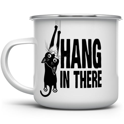 Hang in There Enamel Camping Coffee Mug, Funny Inspirational Motivationl Cat Gift Cup for Friend Coworker Women Men (12oz)...