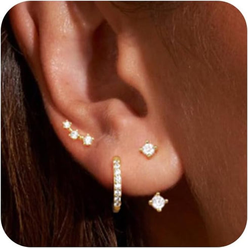 Stud Earrings for Women, Dainty Gold Earrings Set 14k Gold Plated Small Hoop Earrings for Women Hypoallergenic Earring Sets for Multiple Piercing ...