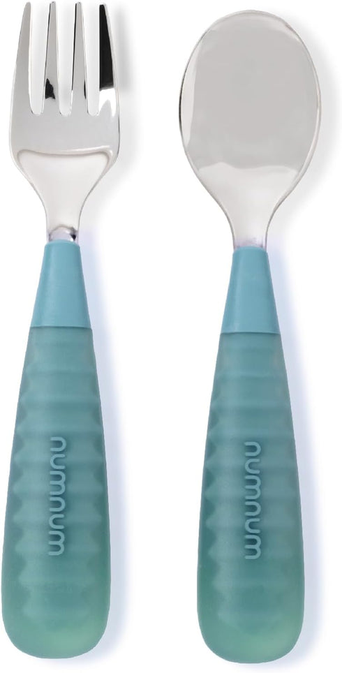 NumNum Toddler Utensils, Pre-Spoon, Fork & Spoon GOOtensils - 4th Stage Silverware Feeding Kids Aged 2+ Years w/Stainless Steel Heads - Silicone F...