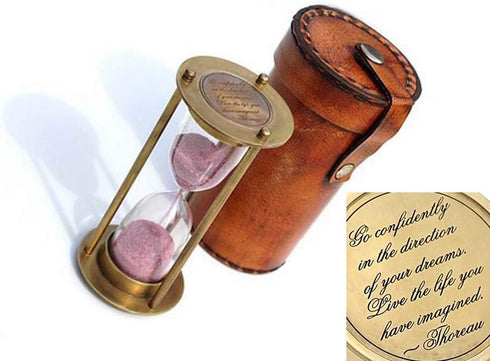 Brass Hourglass with Inspirational Quote Go Confidently by Thoreau, Timeless Sand Timer with Premium Leather Storage Case, Motivational Gift for D...