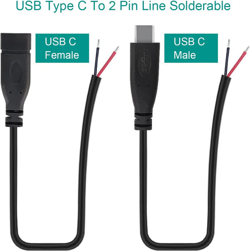USB C Connector DIY Solderable 2 Wire Power Supply Extension Cable Charger Connector Plug 2 Pin Line for PCB USB to DIP Adapter for Arduino, LED S...