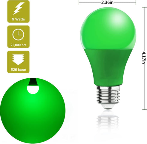 4 Pack LED Green Light Bulbs - A19 9Watts with E26 Base 60w Equivalent LED Green Bulb for Wedding Halloween Christmas Party Bar Decor, Porch, Home...