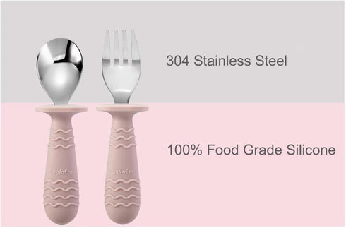 PandaEar 4 Set Baby Toddler Silicone Stainless Steel Utensils Silverware Spoon Fork for Baby Toddler BPA Free with Silicone Holding Anti-Choke Des...