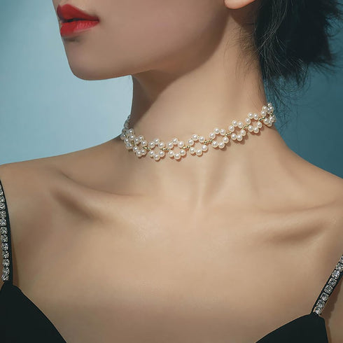 Pearl clavicle choker chain Round Pearl Chain Necklace Hollow Circle Choker Necklace Jewelry for Women...