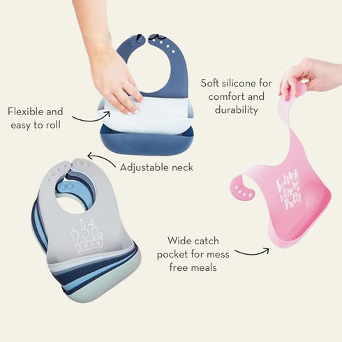 Baby Bib for Eating by Bella Tunno, Set of 2 Waterproof Silicone Bibs with Large Food Catcher, Adjustable Fit for Babies 4-12 months & Toddlers 1-...