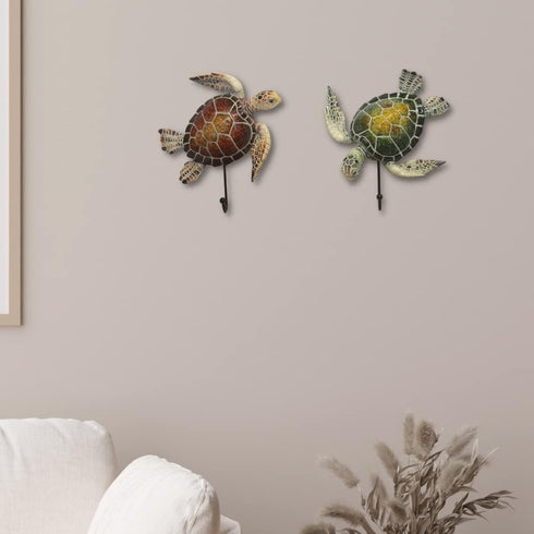 Comfy Hour Ocean Voyage Collection 5" Sea Turtle Coastal Beach Coral Theme Decorative Wall Hanger Set of 2, Polyresin...