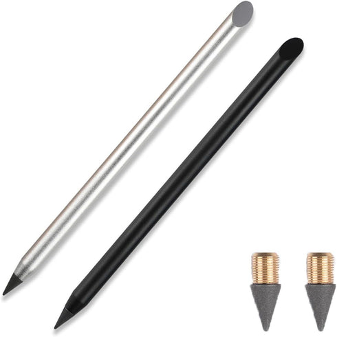 2pcs Metal Inkless Pencil with BONUS 2 Replaceable Nibs, Metal Inkless Pen Erasable Pen Metallic Pencil Reusable Everlasting Pencil for Writing Dr...
