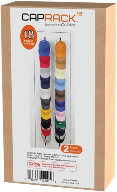 Perfect Curve CapRack | Over-The-Door Hat Organizer for Baseball Caps | 2 Straps, Holds 18-36 Adjustable Caps | Black...