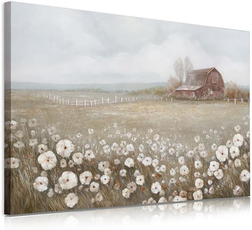 ATELIYISHU Barn Canvas Wall Art Rustic Farmhouse Wall Decor Country Meadow Landscape Painting Sky and Wild Flowers Prints Artwork for Bedroom Kitc...