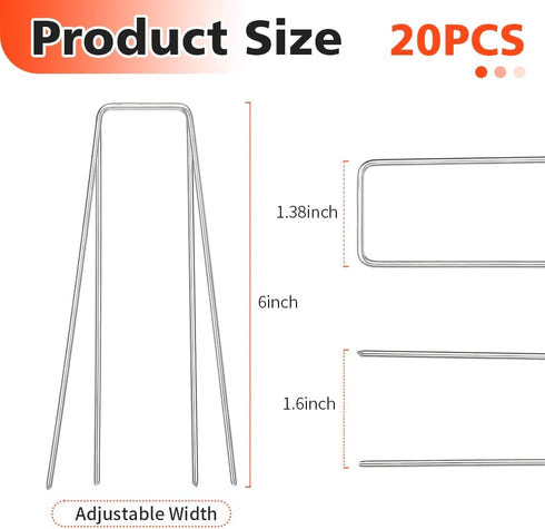 Landscape Staples, Galvanized Garden Stakes, U-Shaped Garden Staples, 20 Pcs 6 Inch 11 Gauge Plant Cover Stakes, Anti-Rust Ground Sod Pins Yard St...