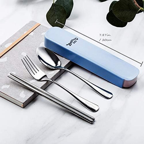 Portable 3 Pieces Flatware Set for School Work Travel Outdoor, Stainless Steel Fork Spoon Chopsticks (Pink Case)...