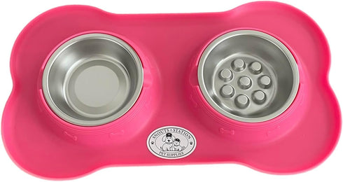 Double Pet Bowl with Silicone Mat Slow Feeder Pink...