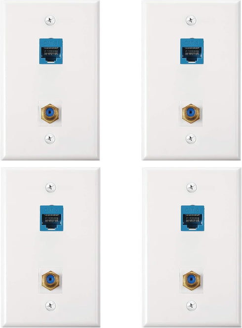 4 Pack Ethernet Coax Wall Plates, Cat6 Coax Wall Plate with Ethernet Port and Gold-Plated TV Coax Cable F-Type Port (Blue)...