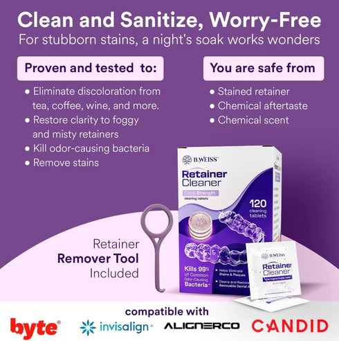 Retainer Cleaner Tablets, Invisalign Cleaner, Remove Stains, Odors & Plaque, Night Guard Cleaner, FSA & HSA Eligible, 4-Months Supply, Denture Cle...