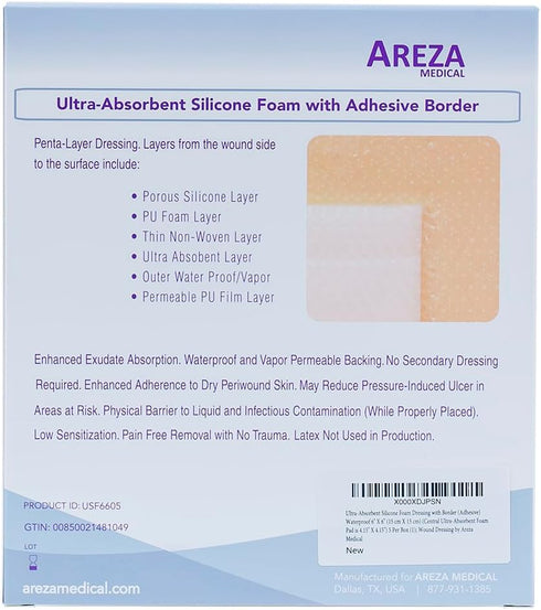 Areza Medical - Silicone Foam with Super-Absorbent Layer - Wound Dressing - Waterproof - with Silicone Adhesive Border - Sterile - 6" x 6" - 5 PCS...