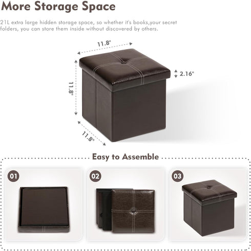 B FSOBEIIALEO Folding Storage Ottoman, Faux Leather Footrest Seat Coffee Table Toy Chest Kids, Brown 11.8"x11.8"x11.8"...