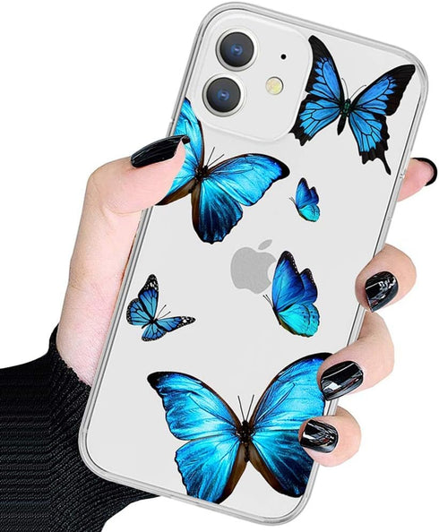 Clear Case for iPhone 12 Mini, Soft TPU Shockproof Protective Case with Cute Blue Butterfly Pattern Cover for iPhone 12 Mini Blue Butterfly...