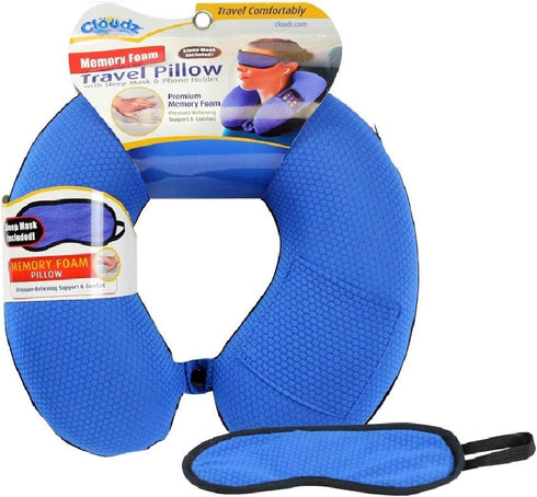 Cloudz - Memory Foam Neck Pillow with Sleep Mask: Sporty Blue/Black Plush...