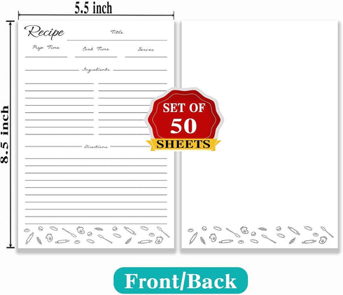 Recipe Paper 5.5x8.5 White, 50-Pack, Blank Recipe Paper to Write in Your Recipes, Minimalist Half-Letter Size Refill Pages for Recipe Binder, Reci...