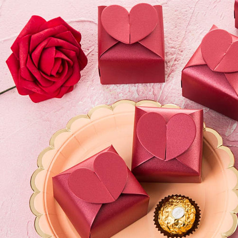 AWELL Burgundy Favor Box Bulk 2.5x2x2.5 inches with Heart Bow Party Favor Box,Burgundy,Pack of 50...