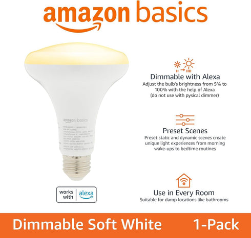 Amazon Basics Smart BR30 LED Light Bulb, 2.4 GHz Wi-Fi, 9W (Equivalent 60W), E26 Standard Base, Works and Dims with Alexa Only, Soft White 2700K, ...
