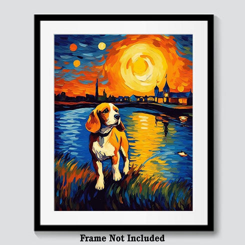 Bestbuddy Pet 11X14 Unframed Starry Night Van Gogh Inspired Beagle Dog by the Lake Farm House Family Animal Pet Family Oil Painting Art Print Post...