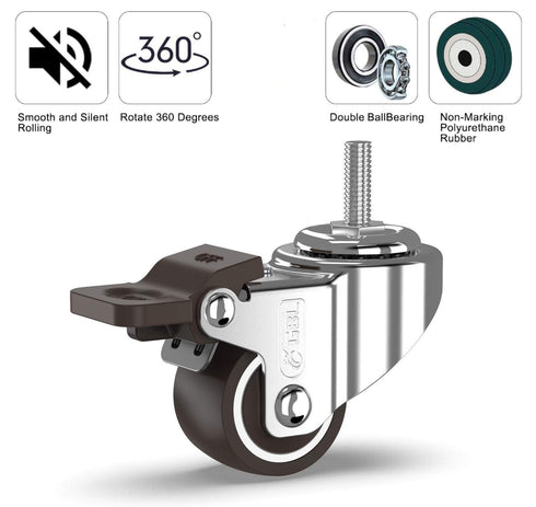 GBL 1" inch Small Caster Wheels with 2 Brakes + Screws M6x15mm - 90Lbs - Low Profile Castor Wheels with Brakes - Set of 4 No Floor Marks Silent Ca...
