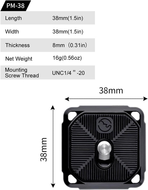 SUNWAYFOTO PM-38 38mm Bi-Directional 2 Axis QR Plate Arca Compatible Sunway...