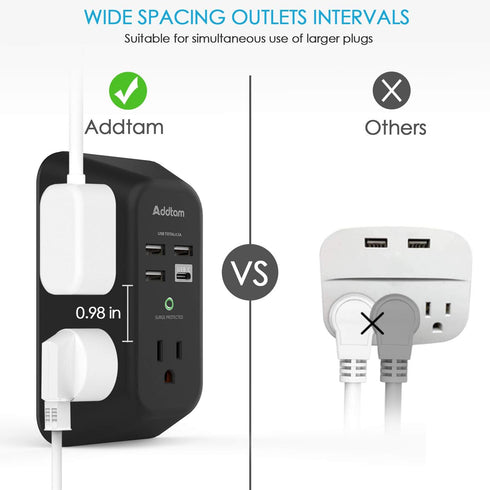 USB Wall Charger Surge Protector - Addtam 5 Outlet Extender with 4 USB Charging Ports (1 USB C), 3-Sided 1800J Power Strip Multi Plug Outlets Adap...