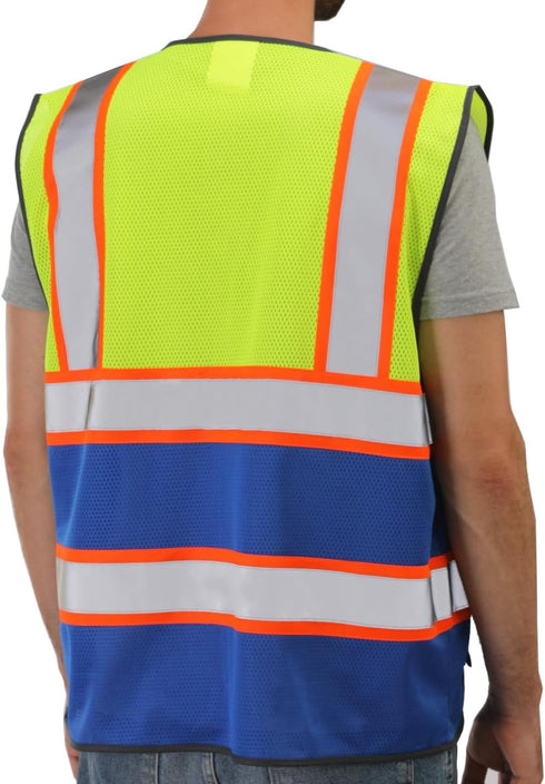 Reflective Mesh Vest High Visibility Two Tone with Pockets and Zipper, Yellow and Blue Mesh with Orange Trim M...