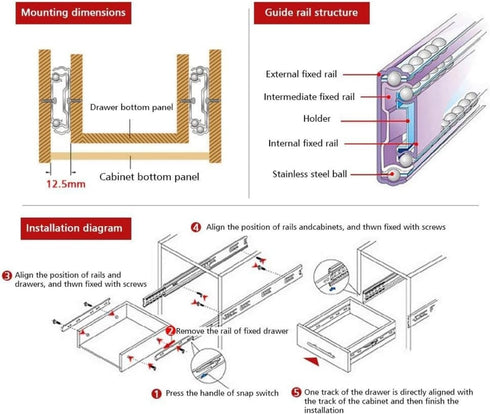 Tang.Drawer Slides Ball Bearing Full Extension 3 Section Slide Track Mounting Drawer Runners Slider for Cabinet Home Furniture, 2 Pack (Black 10 i...